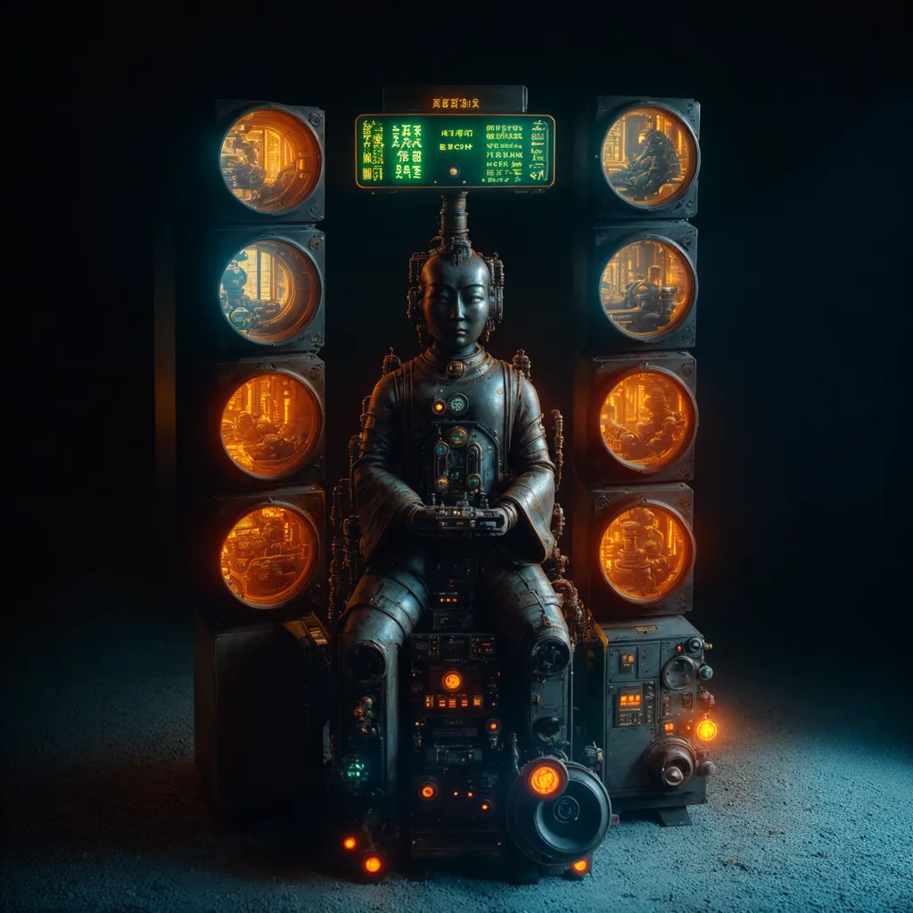 The image is a dark and mysterious depiction of a Buddha statue. The statue is made of metal and has a serene expression on its face. It is seated on a lotus flower, which is surrounded by six speakers. The speakers are playing a variety of electronic music, which creates a sense of atmosphere. The background of the image is a dark, starry night sky. The image is full of symbolism and mystery, and it is up to the viewer to decide what it means.