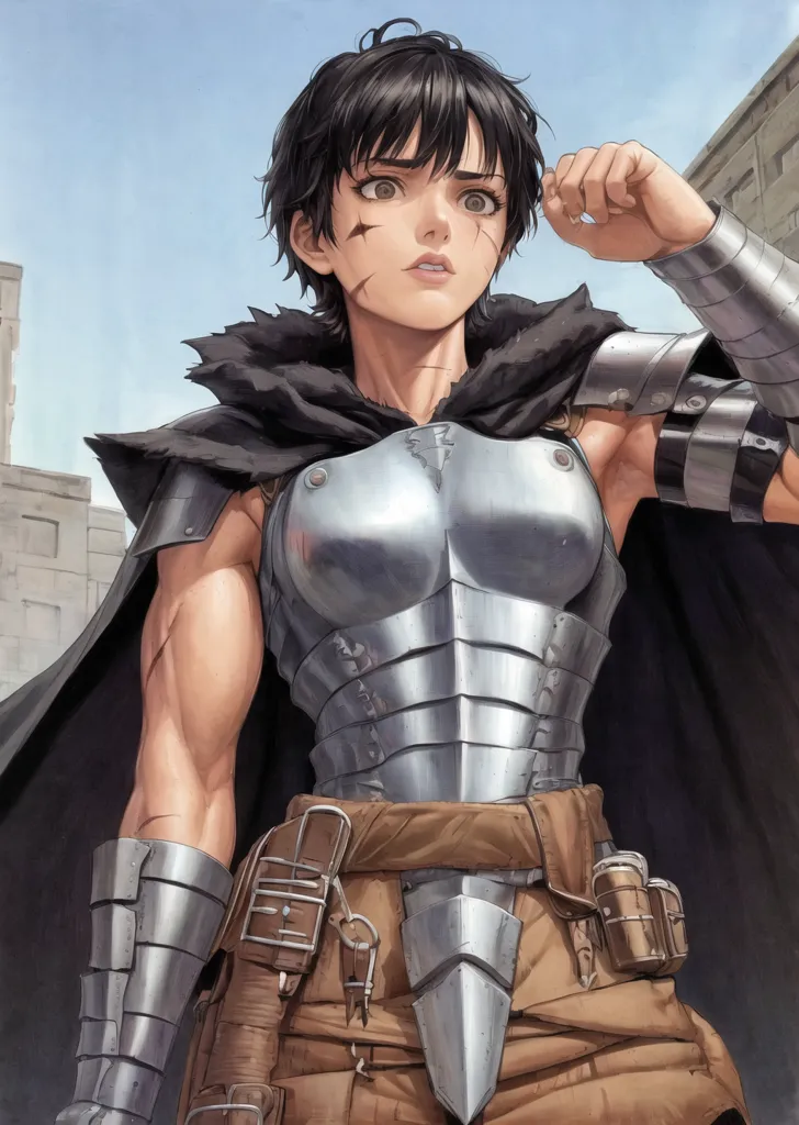 The image is of a young woman with short black hair and brown eyes. She is wearing a metal breastplate and a brown skirt. She has a sword in her right hand and a shield in her left hand. She is standing in a city, with a building in the background. The woman is looking at something off-screen with a look of determination on her face.