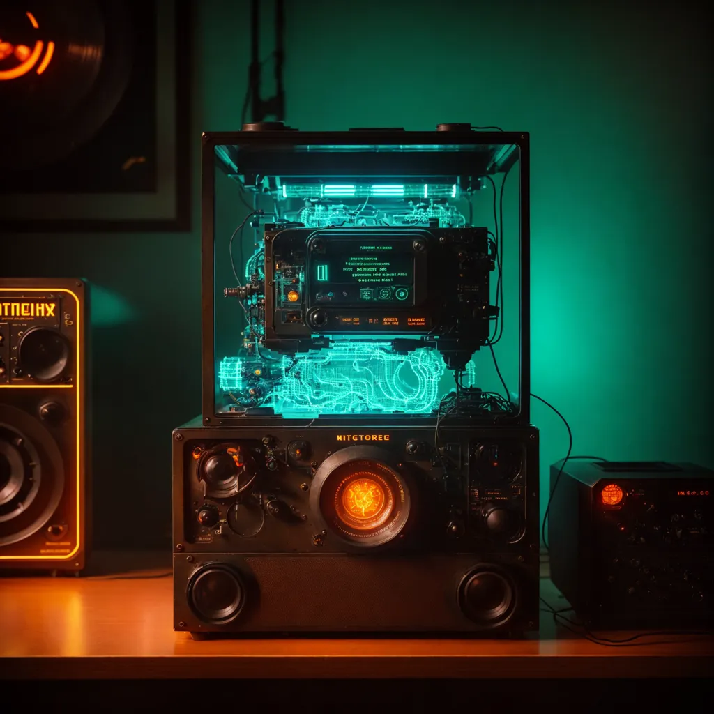 The image is a retro-futuristic stereo system. It has a green glowing display and a lot of knobs and buttons. There are two speakers next to it. The stereo system is sitting on a wooden table. There is a green wall behind it with a record on it.