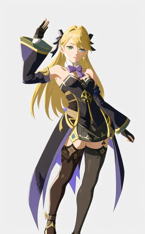 The image shows a young woman with long blonde hair and green eyes. She is wearing a black and gold dress with a white bow around her neck and a gold belt around her waist. She is also wearing black stockings and brown boots. She is standing with her left hand raised in the air and her right hand on her hip. She has a confident smile on her face.