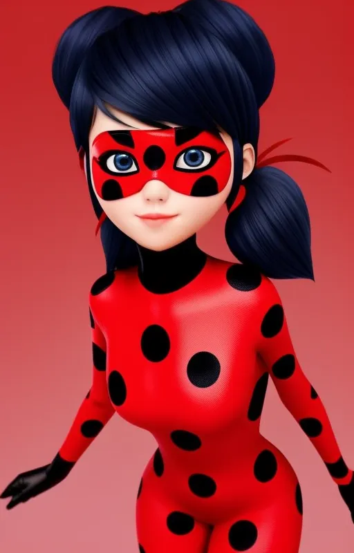 The picture shows a young woman dressed in a red and black spotted bodysuit. She is wearing a mask that covers her eyes and a red ribbon in her hair. She has blue eyes and black hair. She is standing with her arms outstretched.