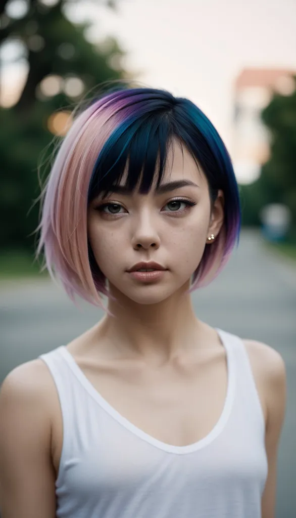 A imagem mostra uma jovem mulher com cabelo curto. O cabelo é preto do lado direito, rosa do lado esquerdo e azul no meio. Ela está usando uma regata branca e tem uma expressão séria no rosto. Ela está em pé em frente a um fundo desfocado de árvores e edifícios.