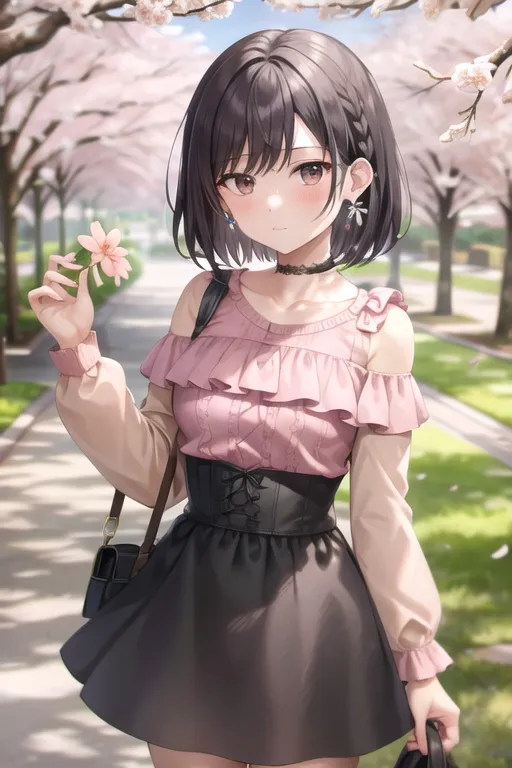 The image is of a young girl with short black hair and brown eyes. She is wearing a pink off-the-shoulder blouse, a black skirt, and a black choker. She is also carrying a black purse. The girl is standing in a park, surrounded by cherry blossoms. She is smiling and holding a pink flower in her hand. The background is blurred, but it looks like there are trees and a path in the distance. The image is drawn in an anime style.