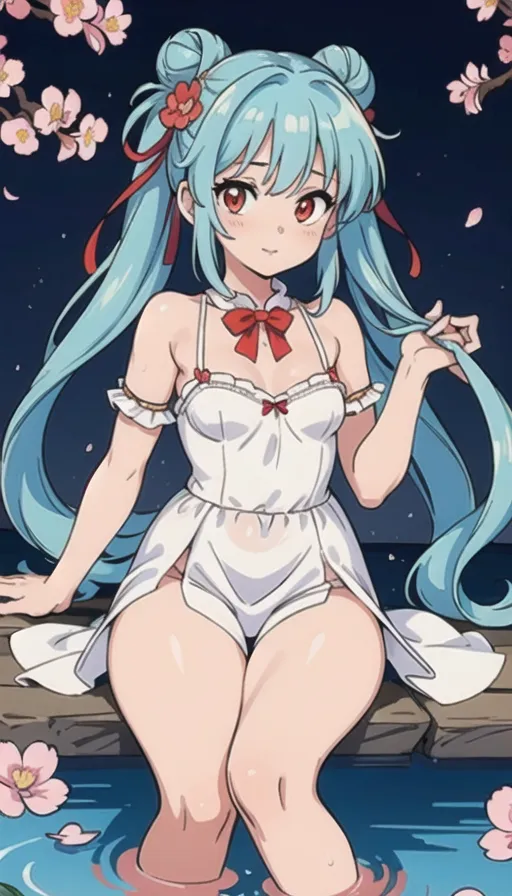 The image is of an anime girl with long blue hair and red eyes. She is wearing a white dress with a red ribbon at the bust line. She is sitting on a dock with her feet in the water. The background is of a night sky with cherry blossoms. The girl is smiling and has her hand in her hair.