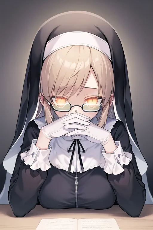 The image depicts a young woman dressed as a nun. She has short blonde hair and yellow eyes. She is wearing a black habit with a white collar. She is also wearing glasses. She is sitting at a desk, with an open book in front of her. She has her hands clasped together on top of the book. She has a serious expression on her face.