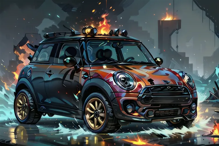 The image shows a Mini Cooper Countryman car. It is black and orange. It has a roof rack with a spare tire and a few boxes on it. There are flames on the roof rack. The car is driving through a post-apocalyptic city. There are ruins of buildings and cars on fire in the background. The car is driving on a flooded road. The water is splashing up on the sides of the car. The car is moving quickly. It looks like it is trying to escape from the city.