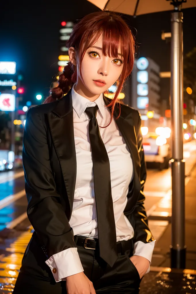 This is an image of a young woman dressed in a black suit and tie. She has long red hair and yellow eyes. She is standing in front of a busy street at night. The city lights are reflected in her eyes. She is wearing a white dress shirt and a black tie. She has a serious expression on her face.