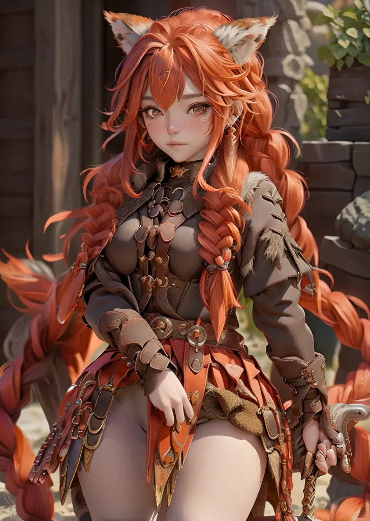 The image is of a beautiful young woman with long, flowing red hair and fox ears. She is wearing a brown leather bodice with intricate lacing and a matching belt. She also has a pair of brown leather boots and a quiver of arrows slung over her shoulder. The woman is standing in a confident pose, with one hand on her hip and the other holding a sword. She has a determined look on her face, and it is clear that she is ready for battle. The background of the image is a blur of trees and mountains, suggesting that the woman is in a forest.