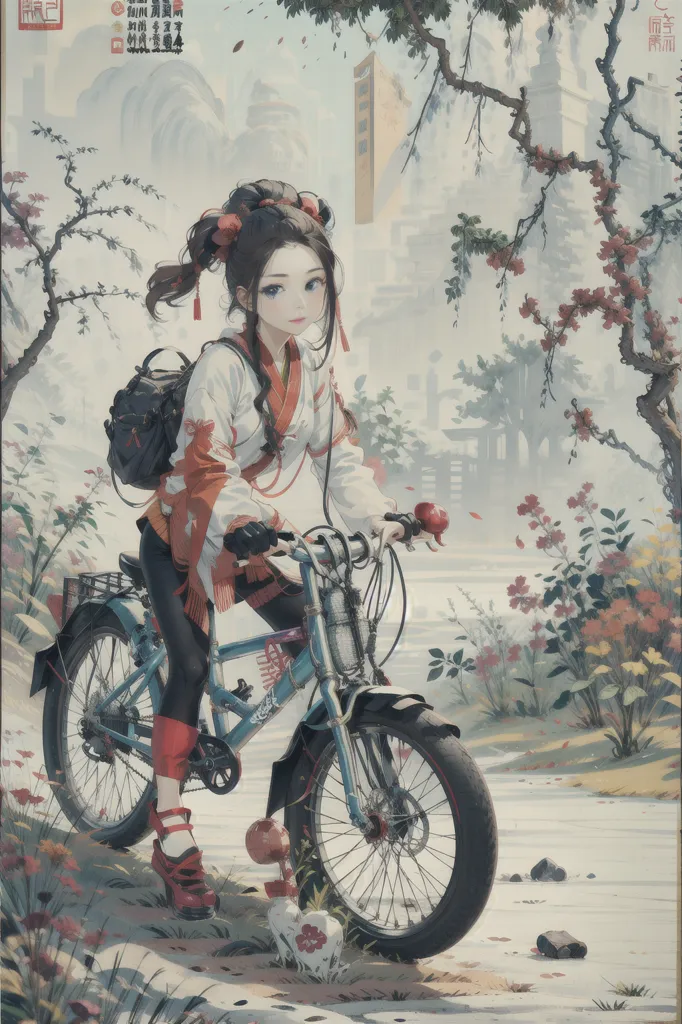 この絵は、着物を着た若い女性が自転車に乗っている様子を描いたものです。彼女の髪はポニーテールになっています。彼女は桜の花が咲き乱れる森の中を走っています。この絵は写実的なスタイルで描かれており、色彩も鮮やかで生き生きとしています。この絵は穏やかで静謐な雰囲気を醸し出しており、桜の美しさを捉えています。