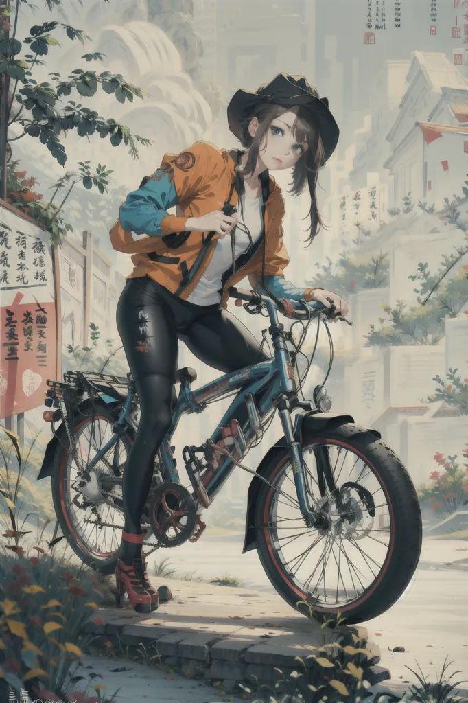 The image is a painting of a young woman riding a bicycle. She is wearing a black hat, orange jacket, and black pants. The bicycle is blue and has a basket on the front. The woman is riding on a stone path in a city. There are trees and buildings on either side of the path. The image is in a realistic style and the colors are vibrant.