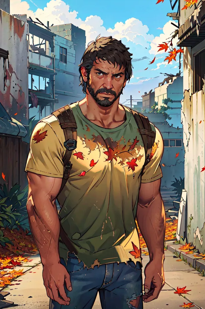 This is a picture of a man standing in a ruined city. The man is wearing a yellow T-shirt and blue jeans. He has a beard and a mustache. He is carrying a backpack. The city is in ruins. There are broken buildings and rubble everywhere. The sky is blue, and there are some clouds in the sky. There are some red leaves falling from the trees.