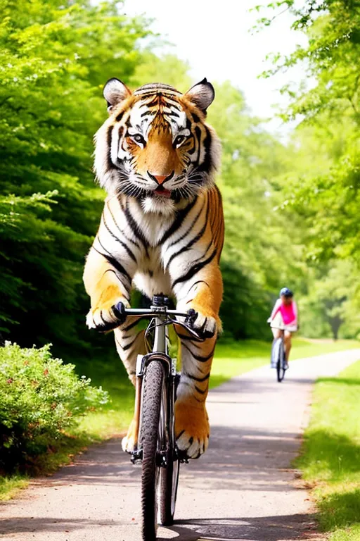 La imagen muestra a un tigre montando una bicicleta en un camino de tierra en un bosque. El tigre está en primer plano y mira a la cámara. Está parado sobre los pedales de la bicicleta y tiene sus patas delanteras en el manubrio. El tigre es muy grande y musculoso, y la bicicleta se ve pequeña debajo de él. En el fondo, hay una persona montando una bicicleta en el mismo camino. La persona es mucho más pequeña que el tigre y no se da cuenta de su presencia. La imagen es muy divertida e inesperada.