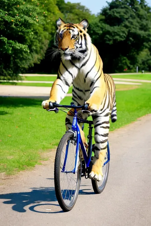 The image shows a tiger riding a bicycle. The tiger is in the middle of the image, and it is looking at the camera. It is standing on the pedals of the bicycle, and its front paws are on the handlebars. The bicycle is blue, and it has a black seat. The tiger is pedaling the bicycle, and it looks like it is having a lot of fun. The background of the image is a green field, and there are trees in the distance. The image is funny and unexpected, and it is sure to make you smile.