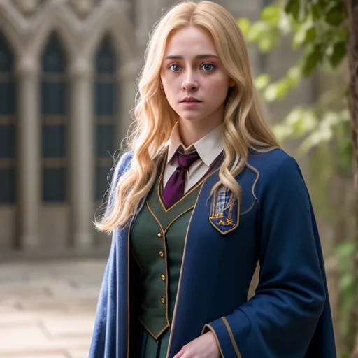 The picture shows a young woman, probably a teenager, with long blond hair and blue eyes. She is wearing a dark green vest, a white shirt, and a maroon tie with a crest on it. She is also wearing a long blue robe with a hood. The background is blurred, but it looks like she is in a courtyard or garden.