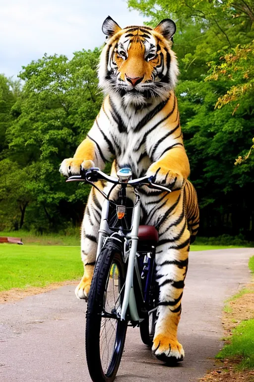 L'image montre un tigre en train de faire du vélo. Le tigre est au milieu de l'image et regarde l'appareil photo. Il est debout sur les pédales du vélo et ses pattes avant sont sur le guidon. Le vélo est noir et blanc, et il a une selle marron. Le tigre est orange et noir, et il a un ventre blanc. L'arrière-plan de l'image est une forêt, et il y a des arbres de chaque côté de la route. L'image est amusante car il est inattendu de voir un tigre faire du vélo.