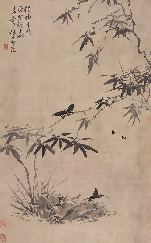 L'image est une peinture chinoise de bambous et de papillons. La peinture est dans un style réaliste, et l'artiste a utilisé une variété de coups de pinceau pour créer les différentes textures des feuilles de bambou et des ailes des papillons. La peinture est également très détaillée, et l'artiste a capturé la beauté délicate des bambous et des papillons.