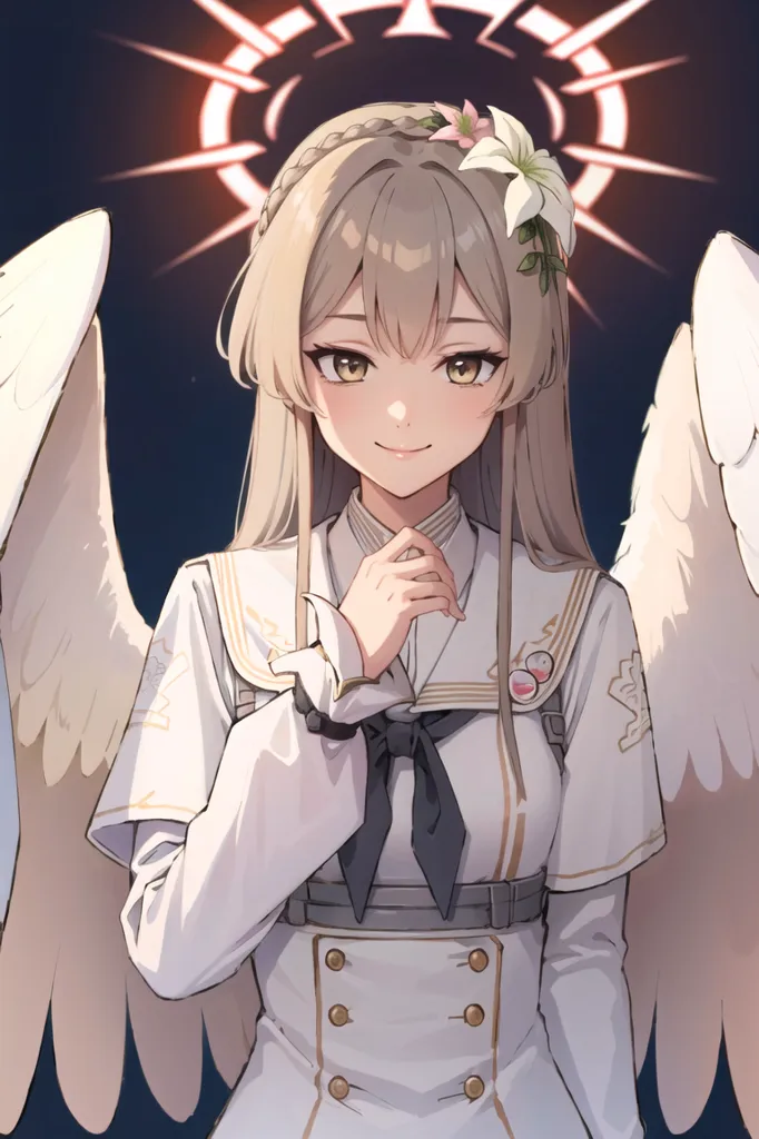 The image is of a young woman with long blonde hair and white wings. She is wearing a white dress with a black bow. She has a gentle smile on her face and is looking at the viewer. There is a halo above her head and she is surrounded by a soft light. The background is a dark blue color.