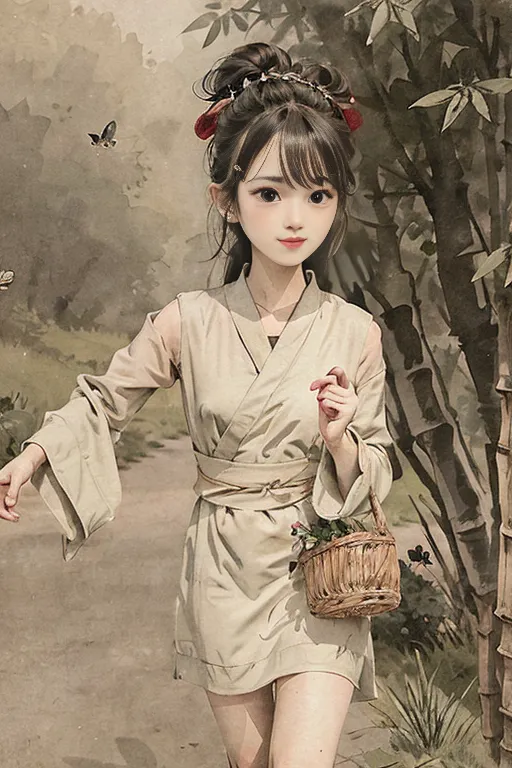 L'image montre une jeune fille portant un kimono qui marche dans une forêt de bambous. Elle a un panier à la main et regarde un papillon. La fille a de longs cheveux noirs et des yeux bruns. Elle porte un kimono blanc avec une écharpe rose et a une fleur rouge dans les cheveux. La forêt de bambous est verte et luxuriante, et le soleil brille à travers les arbres. L'image est paisible et sereine.