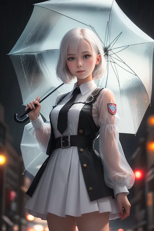 The picture shows a young woman with short white hair. She is wearing a white dress with a black vest and a black tie. She is also wearing a black belt with a silver buckle. The woman is holding a transparent umbrella. She is standing in a rainy street. There are blurred city lights in the background.