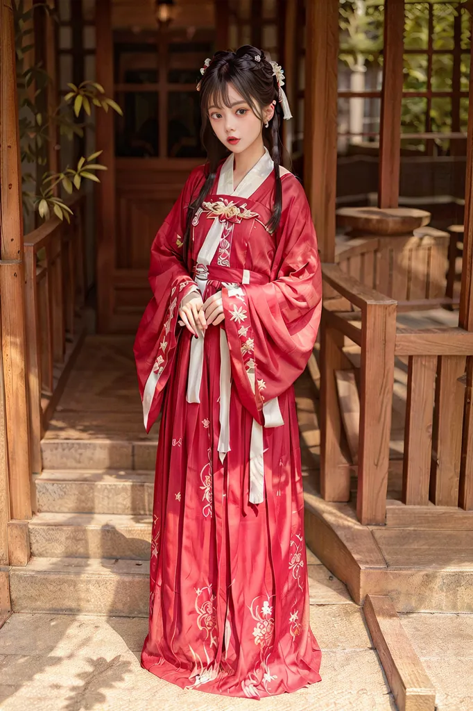 La imagen muestra a una mujer joven que lleva un hanfu rojo y dorado, un vestido tradicional chino. El hanfu está hecho de un tejido rojo con bordados dorados. La mujer también lleva un fajín blanco y un tocado rojo. Está de pie en un patio tradicional chino, rodeada de barandillas de madera y un suelo de piedra. El patio está decorado con plantas y flores.