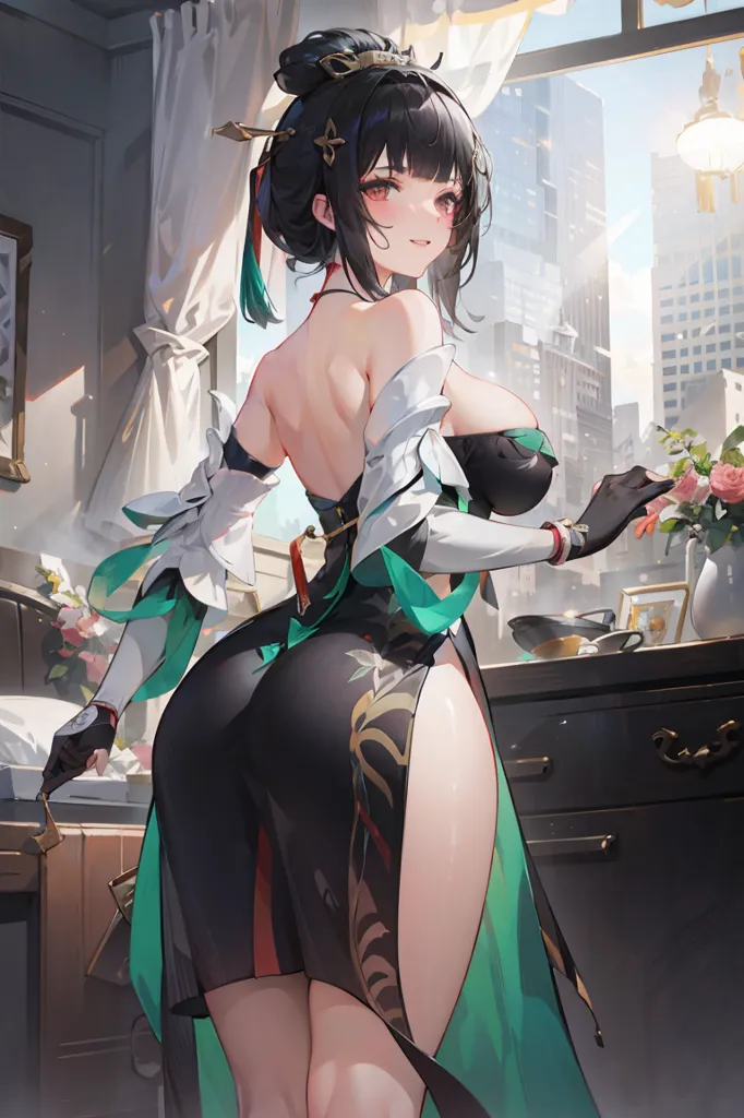 The image is of a beautiful woman with long black hair and red eyes. She is wearing a black and green dress with a high slit, and she is standing in a modern kitchen. There is a vase of flowers on the counter behind her. The woman is looking at the camera with a smile on her face.