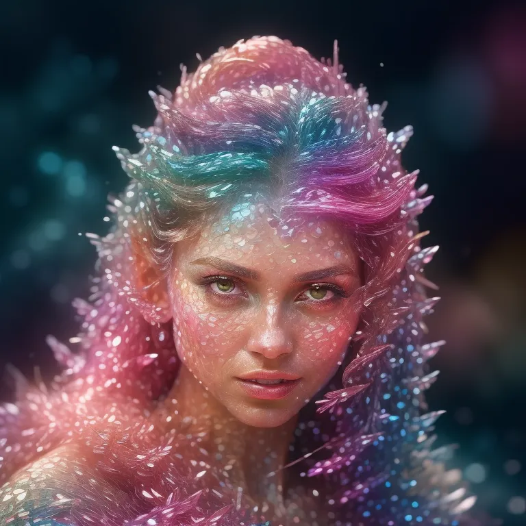 The image is a portrait of a woman with long, flowing hair. Her hair is a rainbow of colors, with shades of pink, blue, and purple. Her eyes are a deep green, and her skin is pale and flawless. She is wearing a dress made of the same rainbow-colored crystals that are in her hair. The dress is off the shoulder, and it has a long, flowing skirt. The woman is standing in front of a dark background, and she is looking at the viewer with a serene expression.