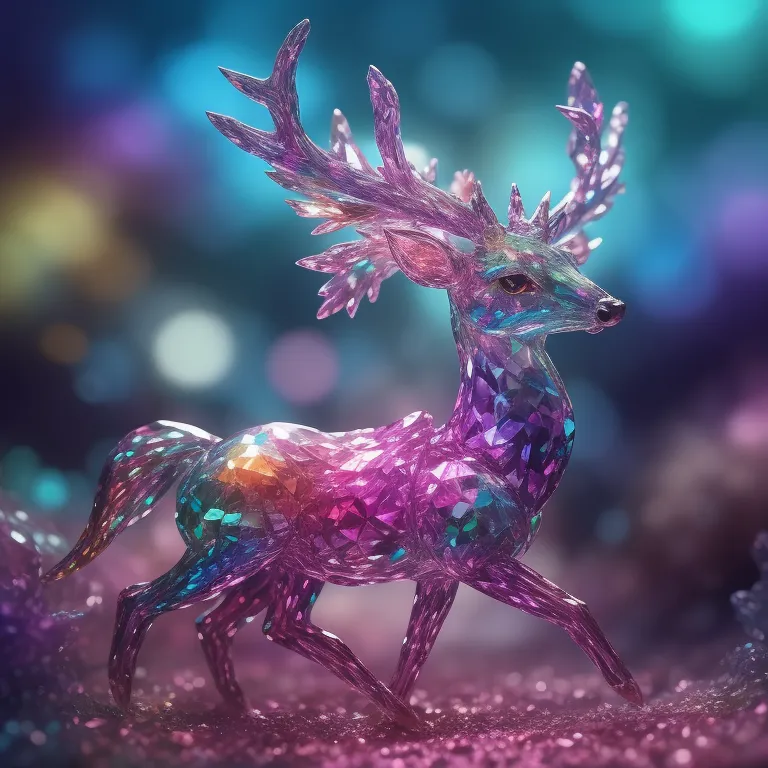 L'image est un rendu 3D d'un cerf fait de cristaux roses et violets. Il se tient sur un lit de cristaux roses. Le cerf a un grand bois de cervidé et regarde vers la gauche du spectateur. L'arrière-plan est un flou de lumière bleue et violette.