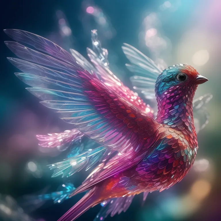 The image is a 3D rendering of a bird with its wings spread. The bird is facing the viewer and is surrounded by a dark blue background with a gradient of light blue and white at the top. The bird's body is covered in iridescent feathers of blue, purple, and pink. The wings are outstretched and are a lighter shade of blue and purple. The tail feathers are long and a darker shade of blue. The bird's head is cocked to one side and it has a small red beak. The bird is surrounded by a soft glow.