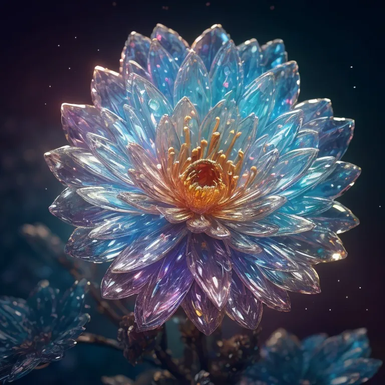 La imagen es una representación en 3D de una flor de cristal azul. La flor tiene múltiples pétalos que se organizan en un patrón circular. Los pétalos también son azules y tienen una superficie brillante y reflectante. La flor se encuentra sobre un fondo azul oscuro.