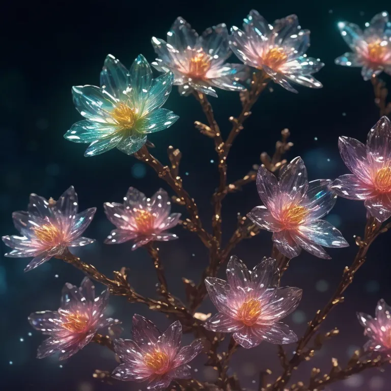 A imagem é uma renderização 3D de uma flor. A flor possui múltiplas pétalas que são um gradiente de azul e rosa. As pétalas também são transparentes. A flor está rodeada por um fundo azul escuro com pequenas luzes brancas brilhantes.