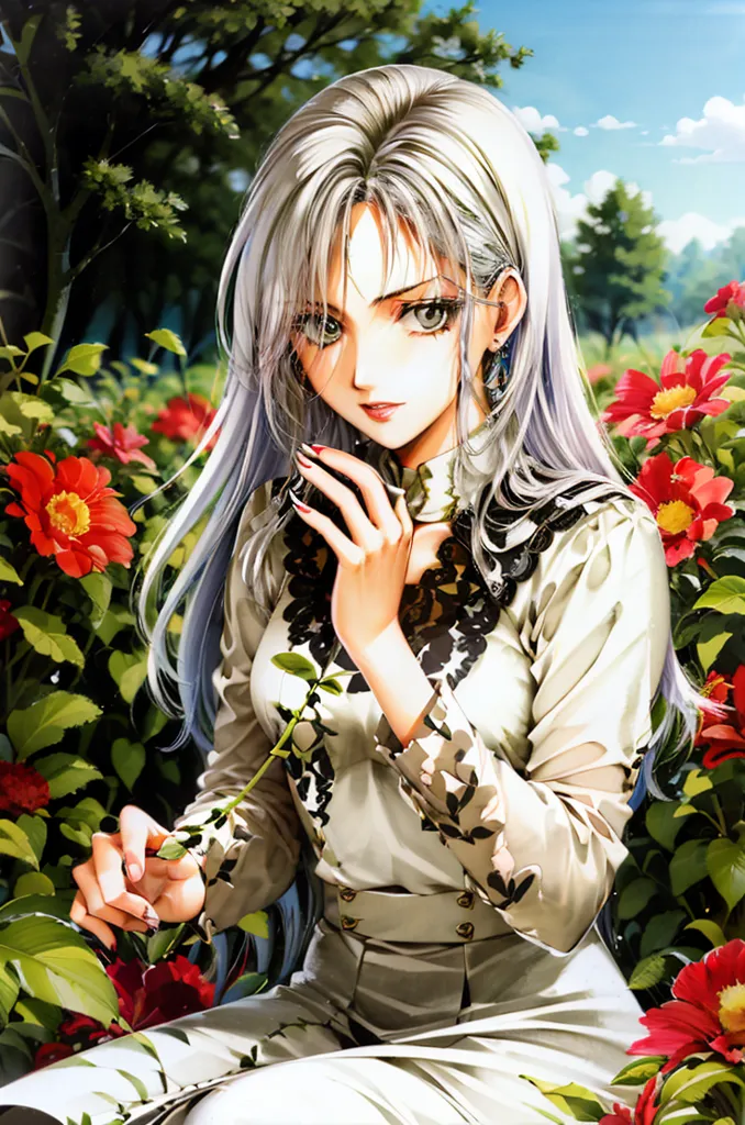 La imagen es una pintura de una hermosa mujer con cabello plateado largo y ojos verdes. Ella está usando un vestido blanco con un cuello de encaje negro. Ella está de pie en un jardín de flores rojas. El fondo es un borrón de hojas verdes. La pintura está hecha en un estilo realista y la expresión de la mujer es serena.