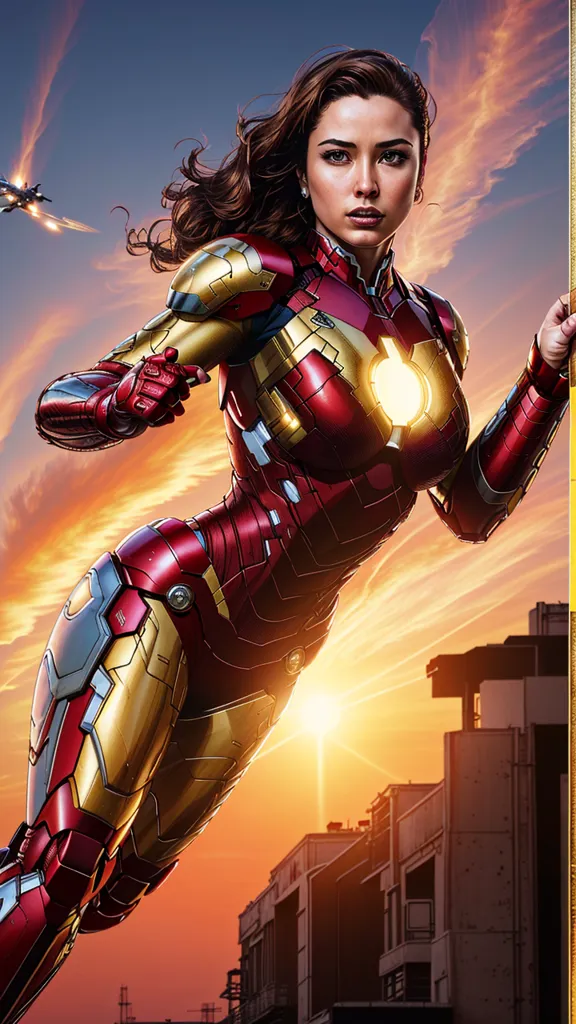 The image shows a woman wearing a red and gold Iron Man suit. She is standing in a flying pose with her left hand outstretched and her right hand holding a yellow pole. She has long brown hair and brown eyes, and her expression is confident and determined. The background is a sunset sky with two fighter jets in the distance.