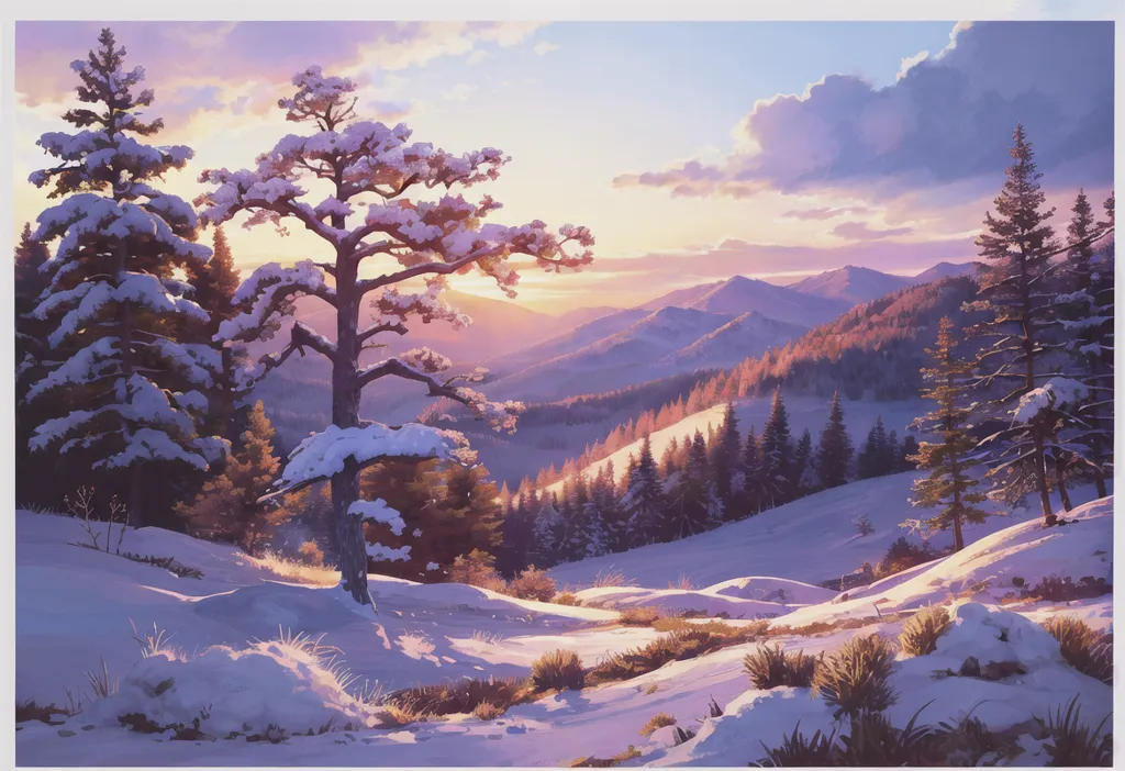 The image is a beautiful winter landscape. The snow is falling heavily, and the trees are covered in snow. The sun is setting behind the mountains, and the sky is a deep pink color. There is a large tree in the foreground, and its branches are covered in snow. There are also some bushes in the foreground, and they are also covered in snow. The ground is covered in snow, and there are some footprints in the snow. The image is very peaceful and serene.