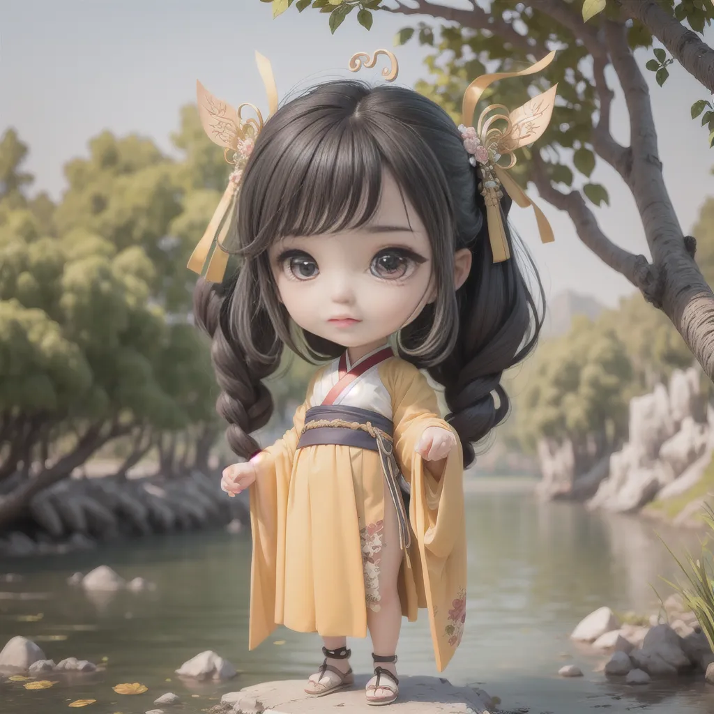 The image shows a young girl with long black hair and brown eyes. She is wearing a yellow dress with a white sash and has a pink flower in her hair. She is standing on a rock in a river, and there are trees and mountains in the background. The girl is looking at the viewer with a shy smile on her face.