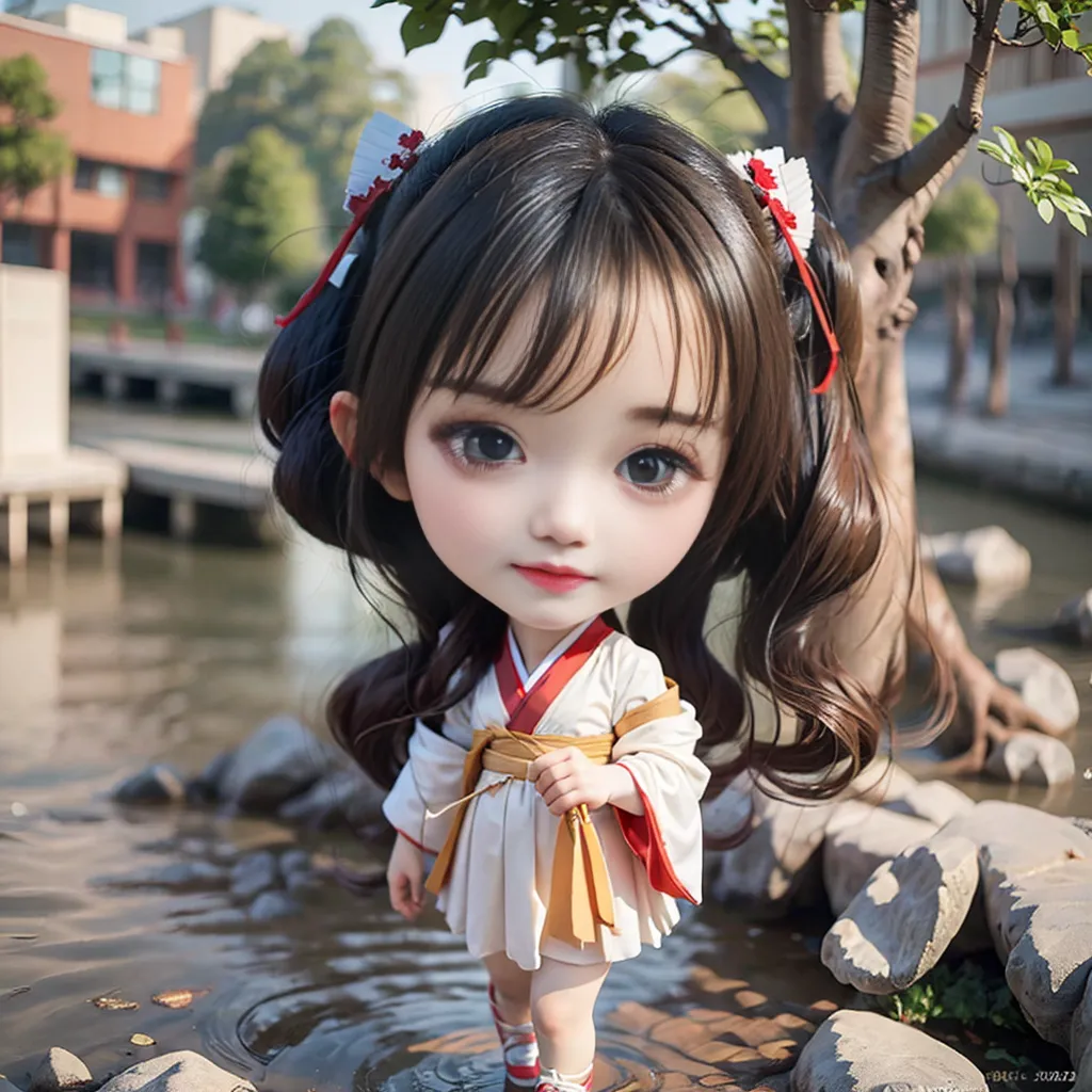 The image shows a young girl with long brown hair and brown eyes. She is wearing a white and red kimono and is standing in a shallow pond. The girl is surrounded by rocks and trees, and there is a building in the background. The girl is smiling and looks happy.
