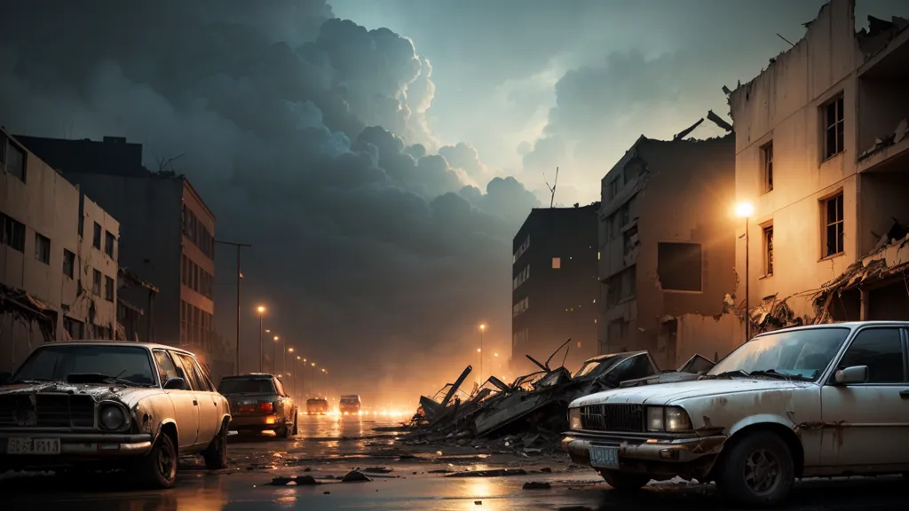 La imagen muestra una calle en una ciudad que ha sido destruida por un terremoto. Los edificios están todos dañados y hay coches abandonados en la calle. El cielo está oscuro y nublado y se avecina una tormenta. La escena es de devastación y destrucción.