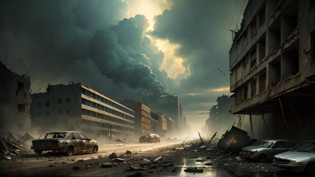 The image shows a destroyed city. The buildings are in ruins, the streets are covered in debris, and there are no people visible. The sky is dark and cloudy, and there is a strong sense of foreboding. The image is very realistic, and it seems as though it could have been taken from a war zone.