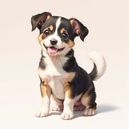 The image shows a small, happy puppy with a white, brown, and black coat. The puppy is sitting on a white background and has its ears perked up. It is looking at the viewer with its mouth open and its tongue hanging out. The puppy's tail is wagging.