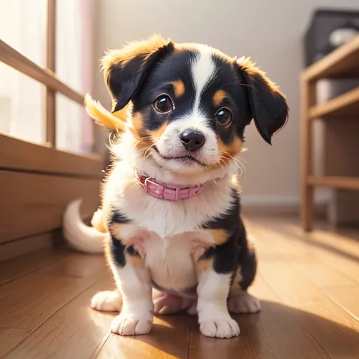 The image shows a small, brown and white puppy with a pink collar sitting on a wooden floor. The puppy has black ears and a black nose, and is looking up at the camera with a curious expression. The background of the image is blurry, and there is a window to the left of the puppy.