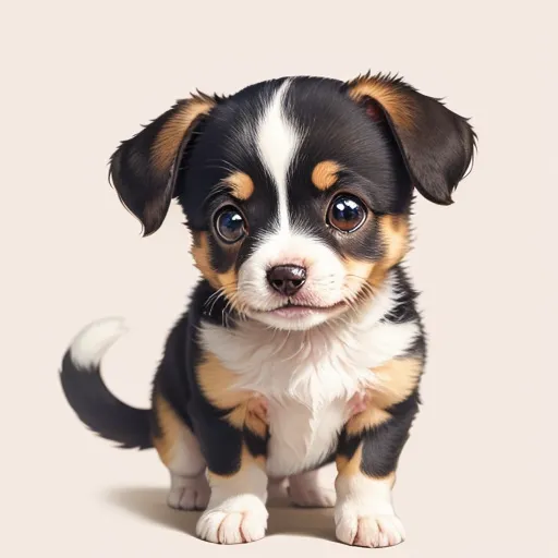 The image shows a small, cute puppy with big, round, dark brown eyes. The puppy has short, light brown fur with black patches on its back and head. Its ears are pointed and its tail is long and thin with a white tip. The puppy is sitting on a light brown surface and looking up at the viewer with a curious expression.