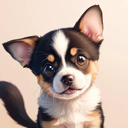 A cute puppy with big round eyes is looking at the viewer. The puppy has black, white, and brown fur. Its ears are perked up and its mouth is slightly open. The background is a pale peach color.