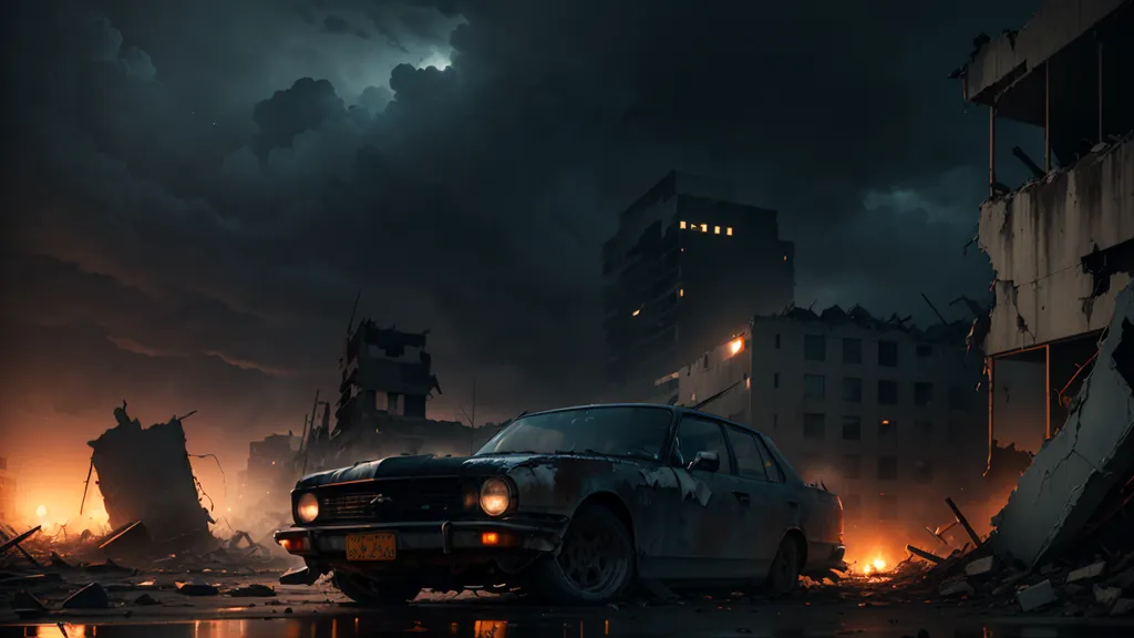 The image is a dark and post-apocalyptic city. The sky is filled with dark clouds and there are ruins of buildings all around. A lone car is parked in the middle of the street. The car is old and rusty, and it looks like it has been abandoned for a long time. The image is full of despair and hopelessness. It seems like the world has ended and there is no hope for the future.