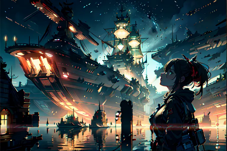 The image is a painting of a futuristic city. There are many large ships in the sky and on the water. The ships are lit up and there are many lights in the city. There is a girl with short brown hair standing in the foreground. She is wearing a black jacket and a white shirt. She is looking up at the ships in the sky.