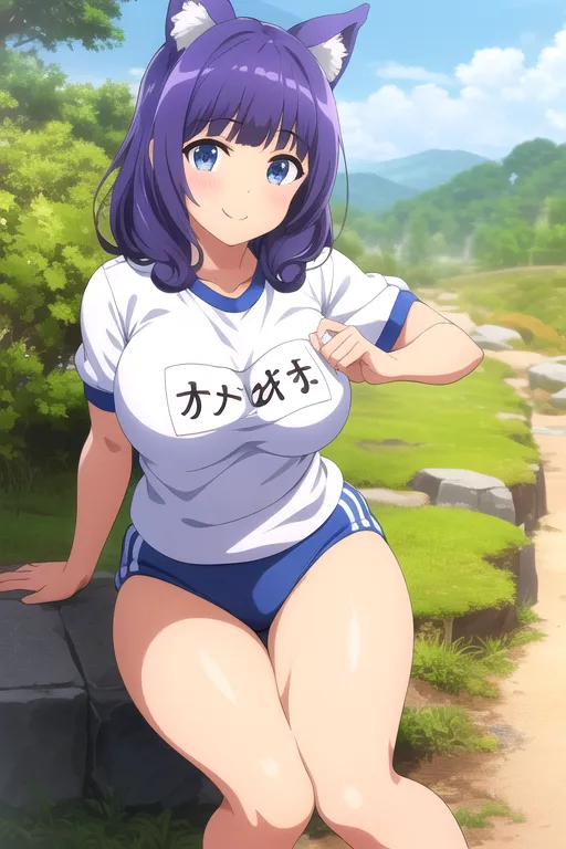 The image depicts an anime-style illustration of a young woman with purple hair and cat ears. She is wearing a white and blue sports uniform with the word "Nakame" written on the front. She has a confident expression on her face and is sitting on a rock in an outdoor setting.