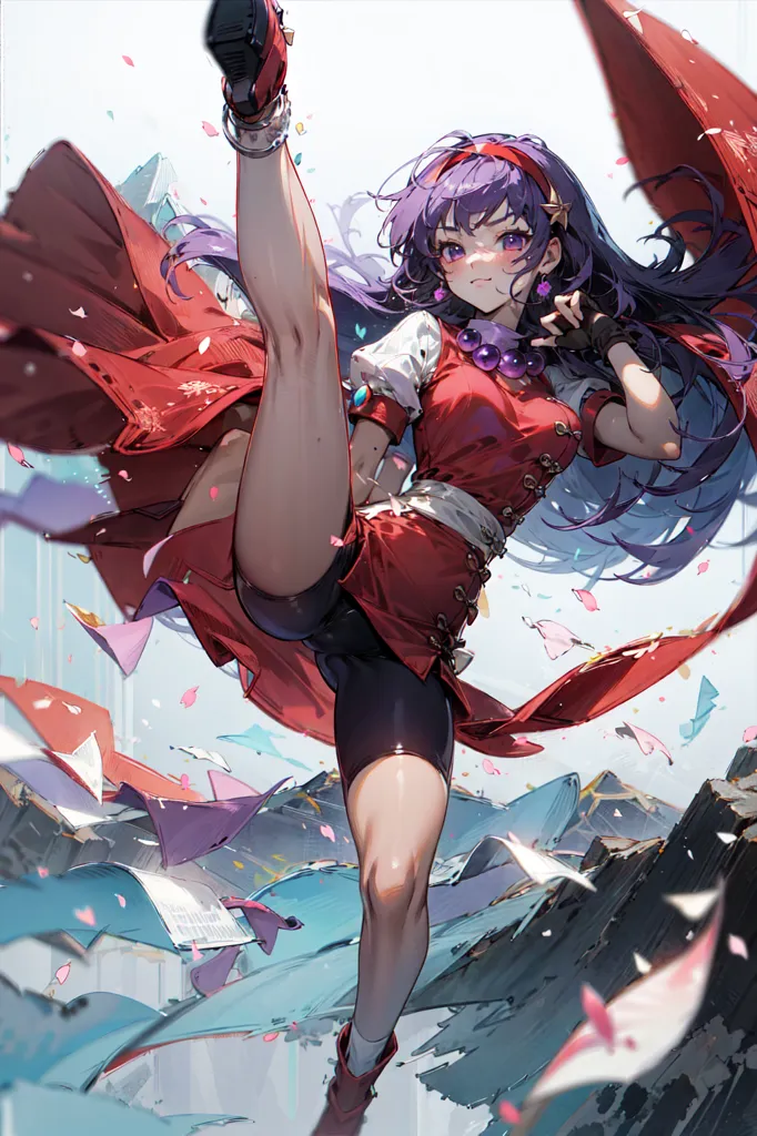 The image is of a young woman in a red and white outfit. She has long purple hair and purple eyes. She is in a high-kicking pose. She is surrounded by pink and blue petals. The background is white with a mountain range in the distance.