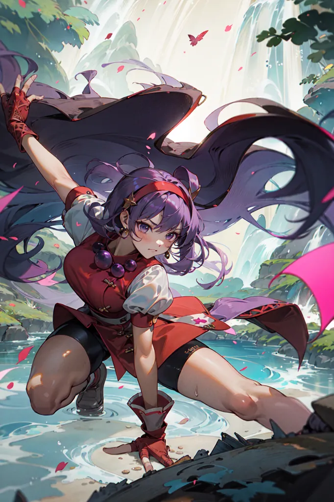 The image is of a young woman with long purple hair and purple eyes. She is wearing a red and white outfit and is in a fighting stance. She is standing in a forest with a waterfall in the background.