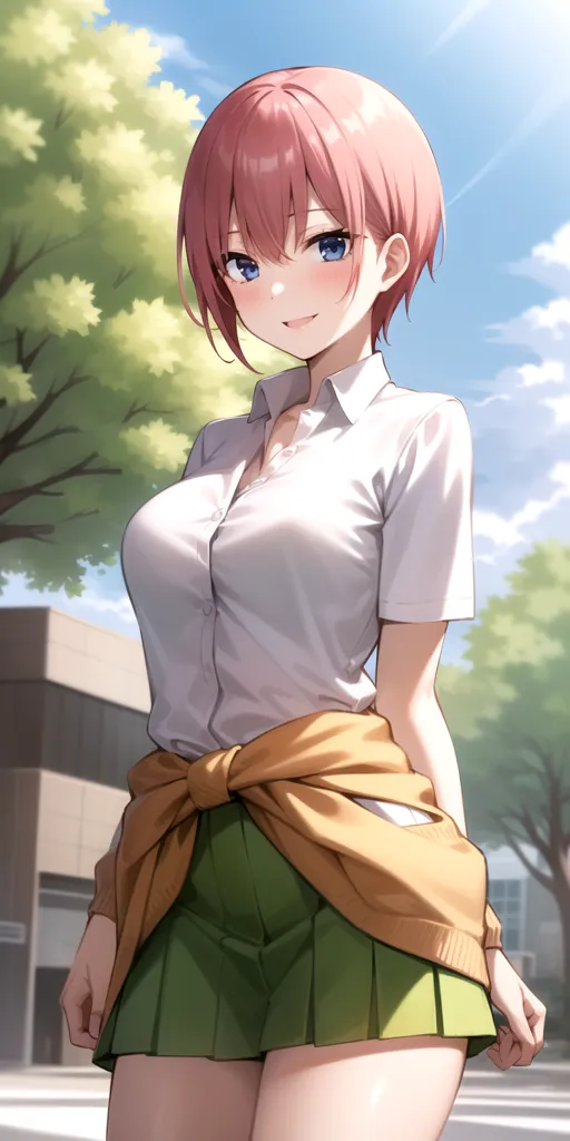 The image shows a young woman with pink hair and blue eyes. She is wearing a white shirt, a green skirt, and a yellow sweater tied around her waist. She is standing in a park, and there are trees and buildings in the background. The sun is shining, and the sky is blue. The woman is smiling and looks happy.
