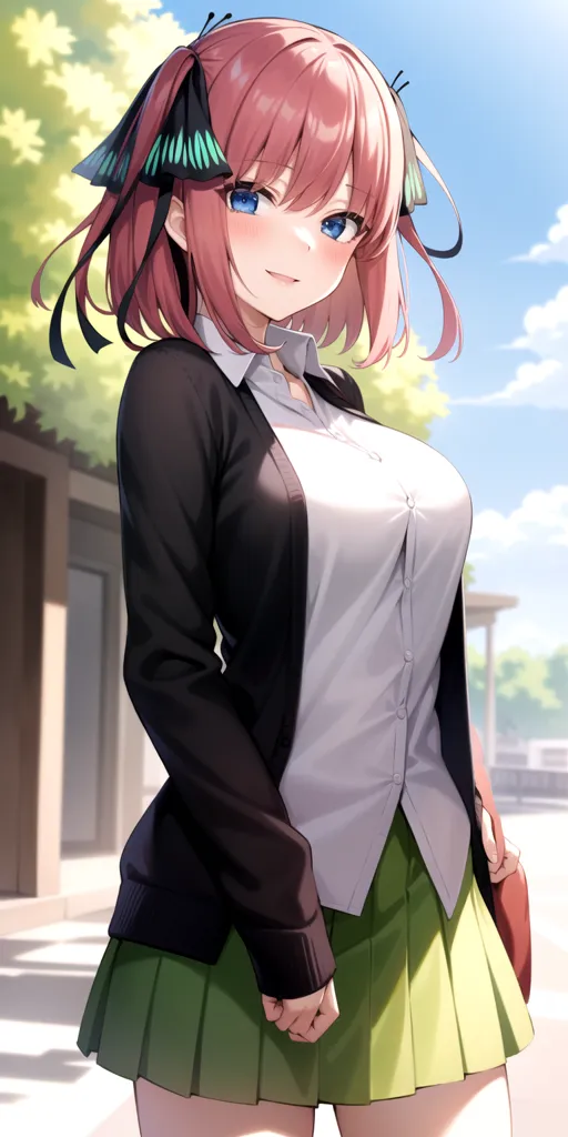 The image shows a young woman with pink hair and blue eyes. She is wearing a white shirt, a green skirt, and a black cardigan. She has a butterfly hairpin in her hair and is carrying a brown bag. She is standing in a park and there are trees and buildings in the background.