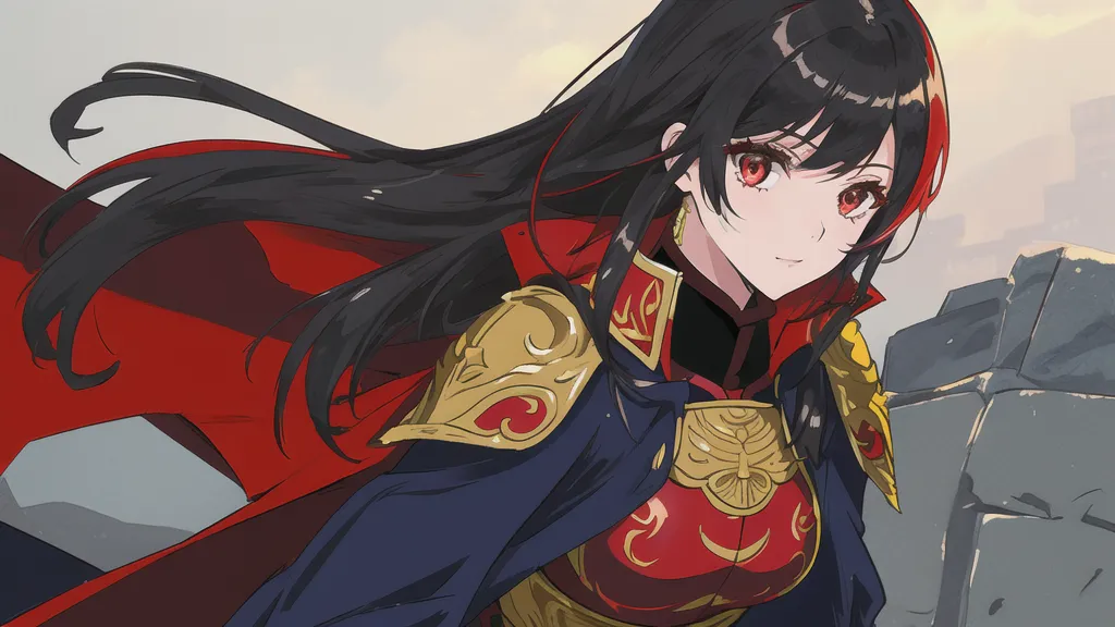 This is an image of a young woman with long black hair and red eyes. She is wearing a red and gold military uniform with a white cape. She is standing in front of a stone wall with a determined expression on her face.