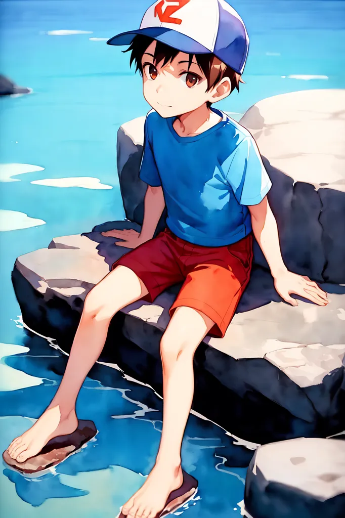 The image shows a young boy sitting on a large rock at the edge of a body of water. The boy is wearing a blue hat, a blue shirt, and red shorts. He is barefoot and his feet are dangling in the water. The water is clear and blue-green in color. There are some rocks in the water near the boy. The background of the image is a large body of water with a bright blue sky and white clouds. The boy is looking off to the side and he has a thoughtful expression on his face.